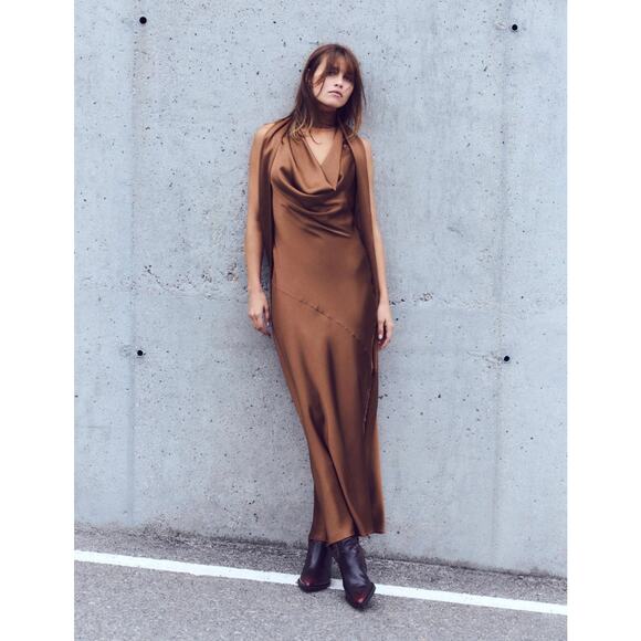 ZARA Bronze Maxi Dress back Bow Tie NWT size Medium - Picture 1 of 11